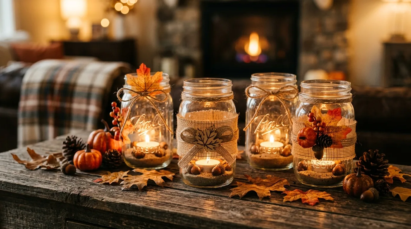Mason jar candle decor with fall farmhouse styling